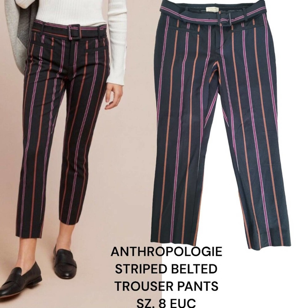 ANTHROPOLOGIE STRIPED BLACK TROUSER PANTS SIZE 8 EUC